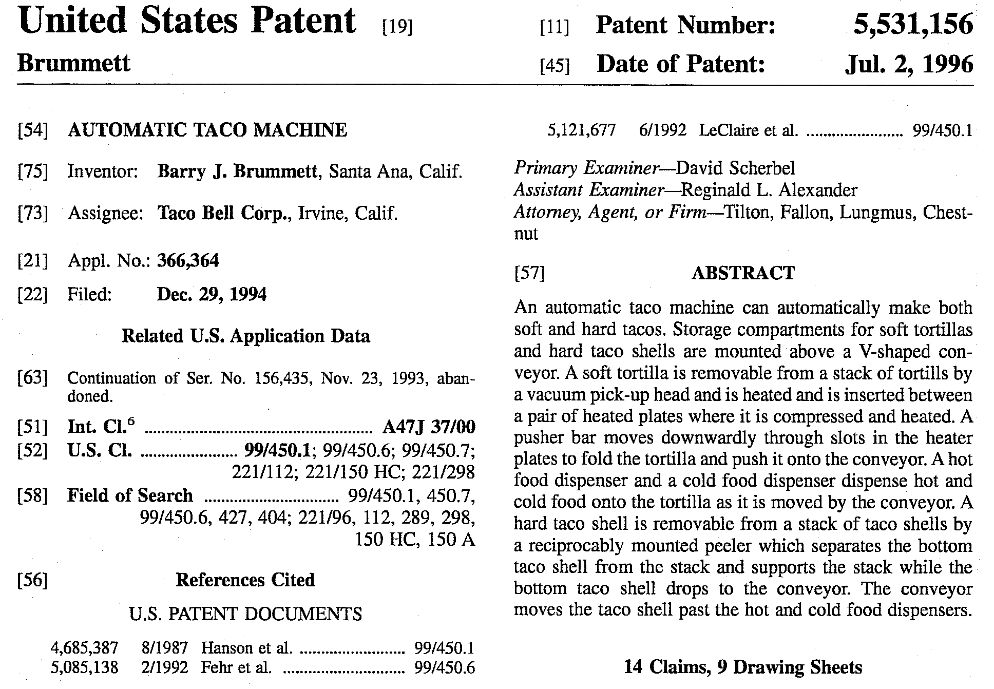 xample of a patent document: The Automatic Taco Machine from 1996